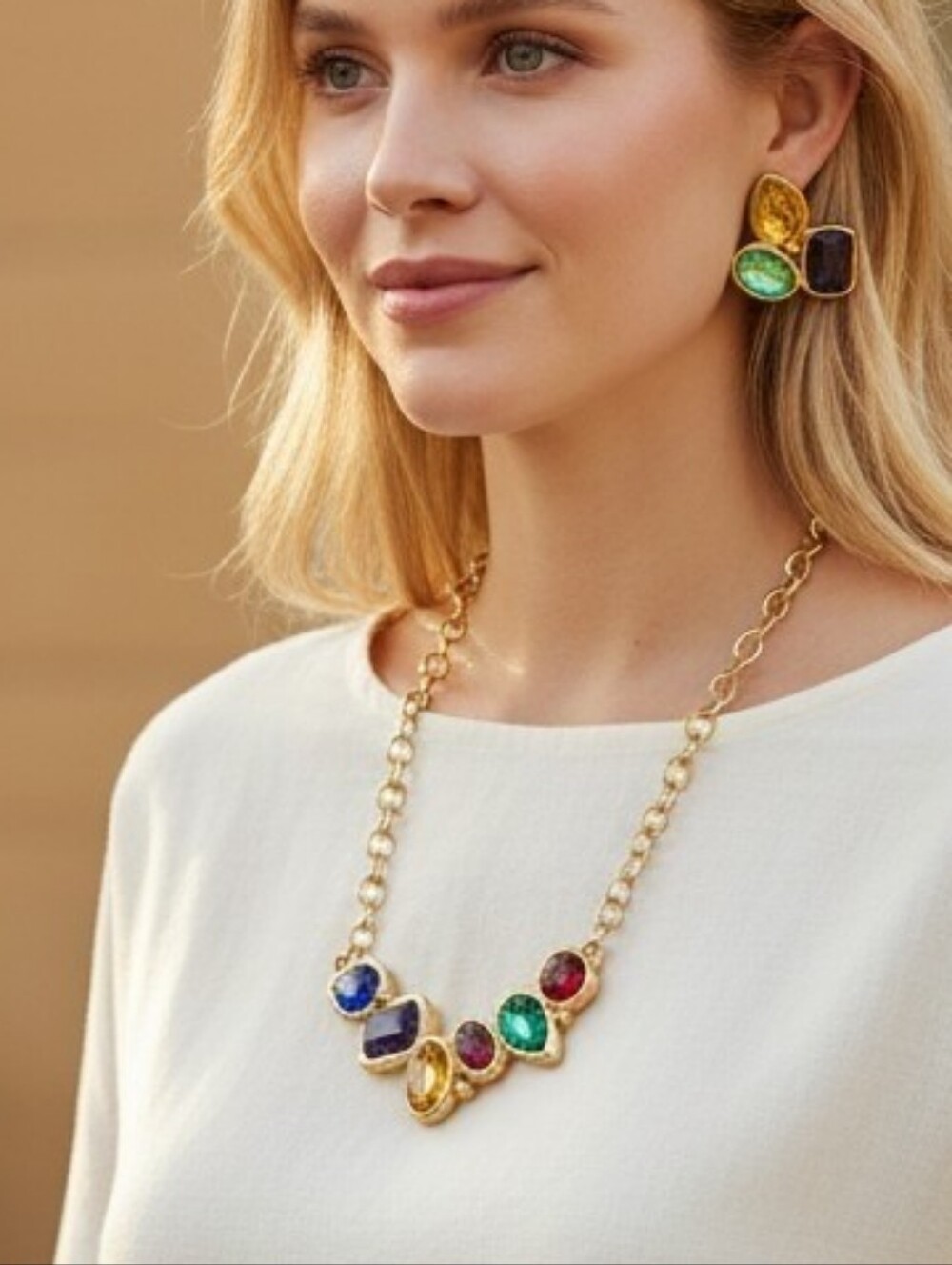 Gold-Tone Multicolor Crystal Necklace and Earring Set